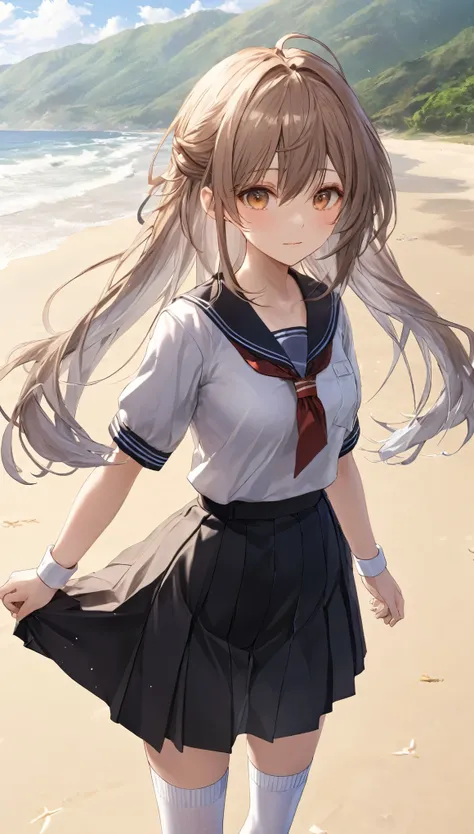 ((masterpiece)), ((highest quality)), ((High resolution)), ((Highly detailed CG Unity 8k wallpaper)), alone, tachibana kanade, Brown uniform, Black Skirt, White socks, Outdoor, face, Beach, Hanging hair, Parted hair, Silver Hair, 笑face,