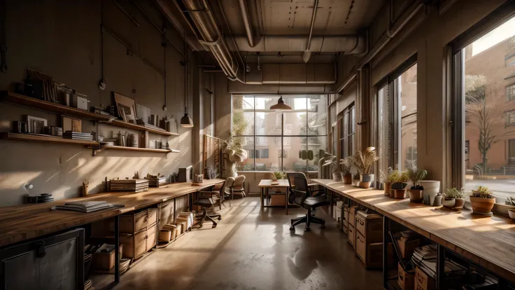 an urban office space with exposed brick walls, metal fixtures, and large windows. highlight raw materials with a reclaimed wood...