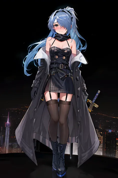 best quality, Ultra-high resolution，City, Skyscraper, Skyline, Night Sky, Neon, background, Gloves, (Bare shoulders:1.1), clavicle, (Trench coat:1.1), Bottomless, Black garter belt, White garter belt, Buttons, permanent, long hair, Ponytail, (Hair covering...