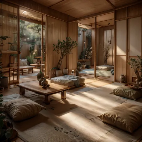 A serene room inspired by Japanese design with tatami mats, shoji screens, and minimal furnishings. Emphasize natural materials with a low wooden table, floor cushions, and a futon bed. Add a bamboo plant, a stone water feature, and a small, simple shrine ...