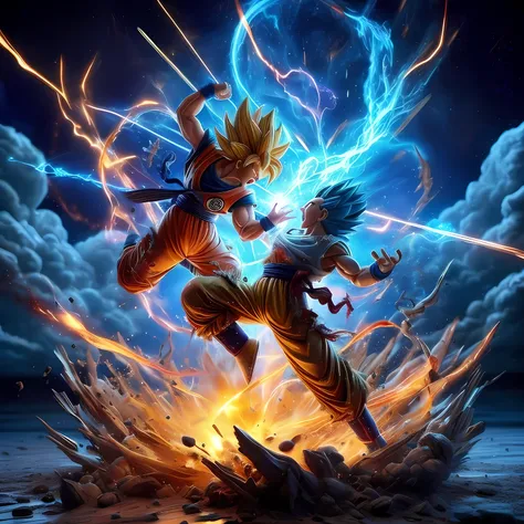 a high-energy 3d illustration of goku and vegeta from dragon ball fighting in space, true to the iconic japanese anime style. th...