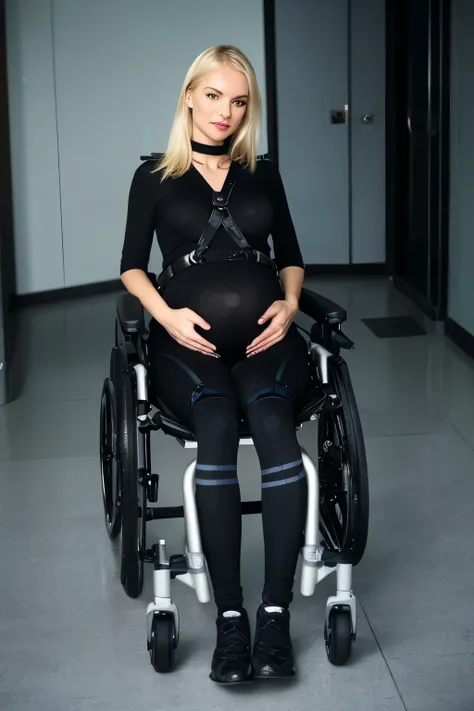 photorealistic, quadriplegic blonde woman, strapped to wheelchair, head harness, straps, ( black, leggings),Leggings, highly detailed, 8k, detailed face, best quality, cervical neck brace, head support, very skinny arms, skinny legs, leaning back, arms dan...