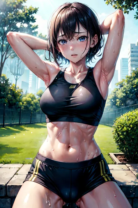 highest quality、cinematic lighting、Woman in sports bra and sports panties、garden、hands behind head、Crab crotch、painful face、dripping sweat、full of sweat、slender line、Spread your legs at the waist and stick out your butt、(Photo 1 seen from below:1)transpare...