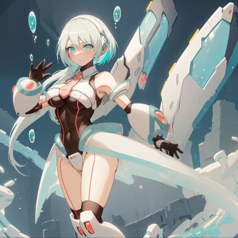 ico_megamanxdive, 1girl, blue eyes, solo, white hair, android, large breasts, black gloves, short hair, thighhighs, necktie, hig...