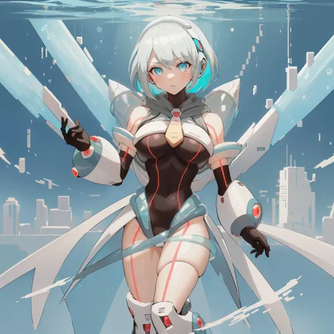 ico_megamanxdive, 1girl, blue eyes, solo, white hair, android, large breasts, black gloves, short hair, thighhighs, necktie, high quality, masterpiece, standing in an underwater city with lots of bubbles, in the style of yuumei, intricate architectures, in...