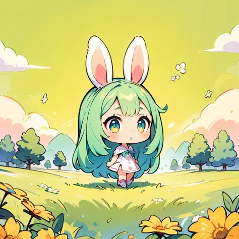 A rabbit-like person, Cute bunny woman, alone, Little, Deformation, 2 heads, Full body view, Focus on the ears, Forest and spring background, Hand-drawn illustrations.