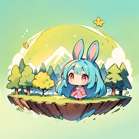 A rabbit-like person, Cute bunny woman, alone, Little, Deformation, 2 heads, Full body view, Focus on the ears, Forest and spring background, Hand-drawn illustrations.