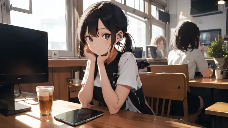 iPods,Wearing wireless earphones,laptop,View Monitor,Cute older sister,remote,Cafe