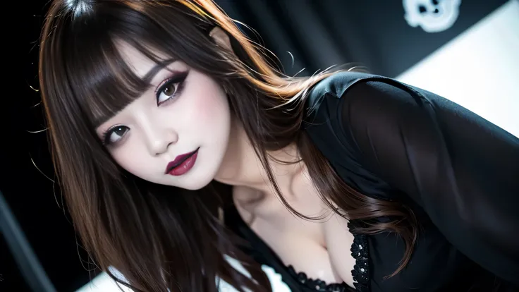 best quality、ultra-detailed、4k、Japanese、Seductive beauty、seductive adult woman、Pretty Woman、cool girl、Villainess、Brainwashed、brainwash、Fallen into evil、smirk、Evil look、Wicked Smile、evil、Brown hair、wavy hair、swept bangs、dark makeup、dark makeup、piercing eyes...