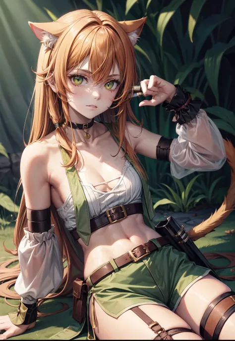 lethe fe, choker, belt, cat tail, bell, thigh strap, facial mark, bandages, side slit, pouch, brown belt, whisker markings, green shorts, wrist wrap, side slit shorts, sitting, holding a dagger, holding a knife, knife