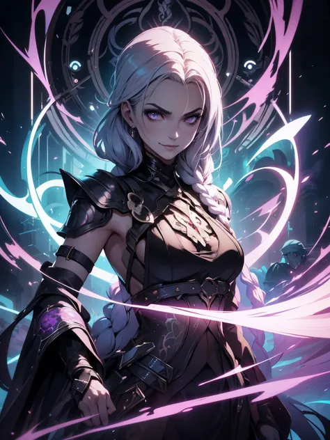 a beautiful detailed ornamental female figure with an evil smile, sharp eyes, and long flowing white hair, wearing a purple lovely soft armor, standing in a garden with healing flowers, the overall style is futuristic, cyberpunk, and neon with an Art Nouve...