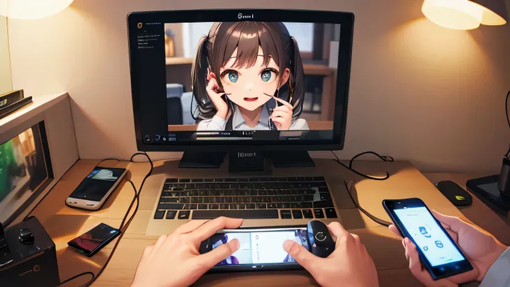 iPod,Wearing wireless earphones,Laptop,View Monitor,Cute older sister,remote,Cafe