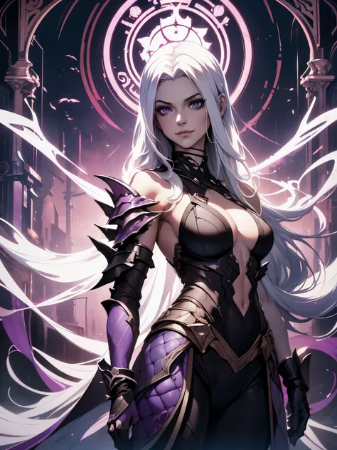 a beautiful detailed ornamental female figure with an evil smile, sharp eyes, and long flowing white hair, wearing a purple lovely soft armor, standing in a garden with healing flowers, the overall style is futuristic, cyberpunk, and neon with an Art Nouve...