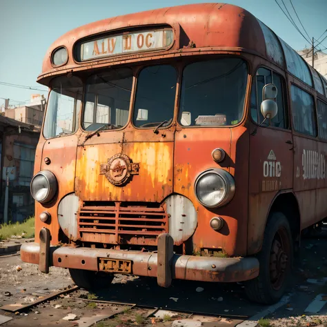 rusty bus parked in front of a building with a sign on it, alexey egorov, rendered in cinema 4 d octane, highly detailed hyper r...