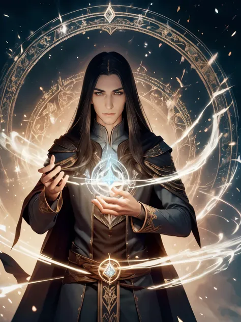 arafed male elf with long black hair and a blue cape, portrait of fin wildcloak, and intricate runes etched on circle of magic ghostly shimmering, This breathtaking portrait, showcases every intricate detail in stunning clarity. The warlocks robes shimmer ...