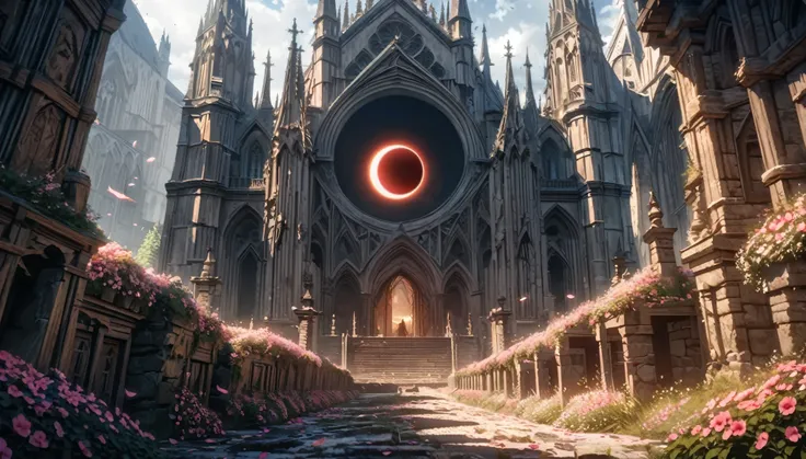 anime aestetics, fantasy landscape, medieval cathedral, broken walls, tall old wooden doors, black old broiks, broken road leading to the old cathedral, red solar eclipse, a lot of pink flowers with pointy petals, dark souls 3 eclipse, wide shot, front vie...