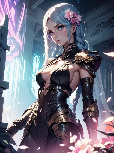 a beautiful detailed ornamental female figure with an soft smile, sharp eyes, and long flowing white hair, wearing a purple lovely soft armor, standing in a garden with healing flowers, the overall style is futuristic, cyberpunk, and neon with an Art Nouve...