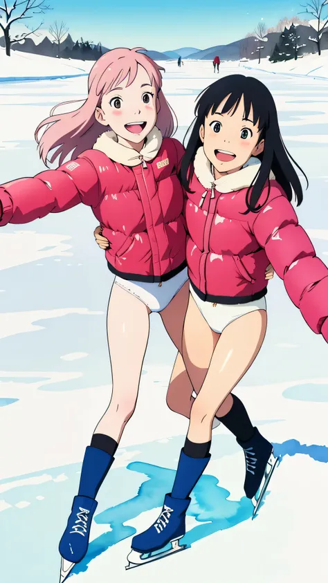 (superflat, flat shading, flat colors), (closeup), mother and daughter, down jacket, (white panties), no skirt, long hair, ice skating, smile, laugh, fun, play, winter, snow, bright, wide angle, vibrant colors, watercolor, ghibli style