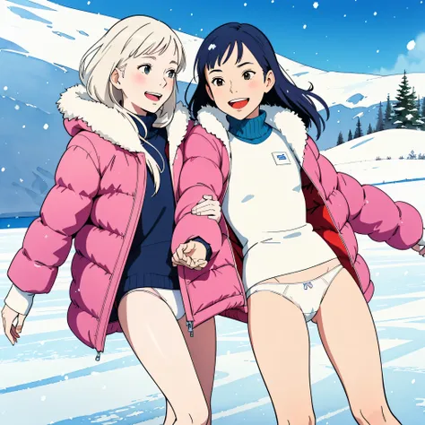 (superflat, flat shading, flat colors), (closeup), mother and daughter, down jacket, (white panties), no skirt, long hair, ice skating, smile, laugh, fun, play, winter, snow, bright, wide angle, vibrant colors, watercolor, ghibli style