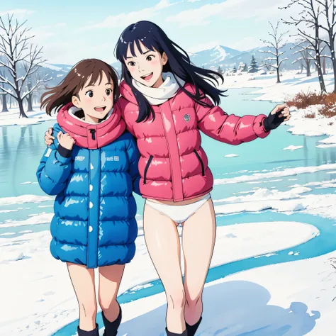 (superflat, flat shading, flat colors), (closeup), mother and daughter, down jacket, (white panties), no skirt, long hair, ice skating, smile, laugh, fun, play, winter, snow, bright, wide angle, vibrant colors, watercolor, ghibli style