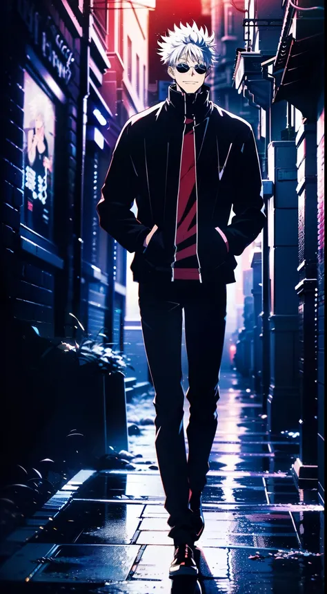 epic composition, city ​​street, Japan, deserted street, the night, flashing in the background, Red and blue color, (tmasterpiece, beste-Qualit: 1.2), male focus, 1boy, Gojo Satoru, round eyewear, Sunglasses, hands in pocket, blindfold, black jacket, (Mast...