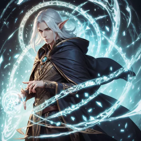 arafed male elf with long black hair and a blue cape, portrait of fin wildcloak, and intricate runes etched on circle of magic ghostly shimmering, This breathtaking portrait, showcases every intricate detail in stunning clarity. The warlocks robes shimmer ...