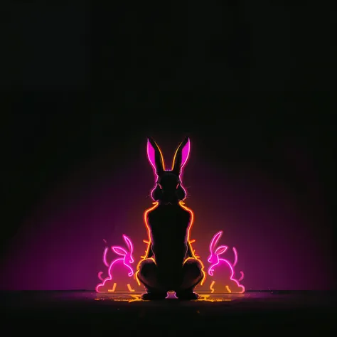 1 rabbit, bunny ears, neon style, neon glow, body lines shine, black rabbit, bunny earsにフォーカス:1.2, in the dark, black background...