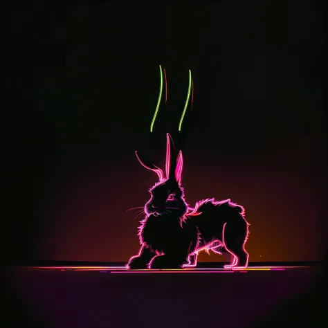 1 rabbit, Bunny ears, Neon Style, Neon glow, Body lines shine, Black rabbit, Bunny earsにフォーカス:1.2, In the Dark, Black Background, Neon Effect., Multicolored light painting of a rabbit,