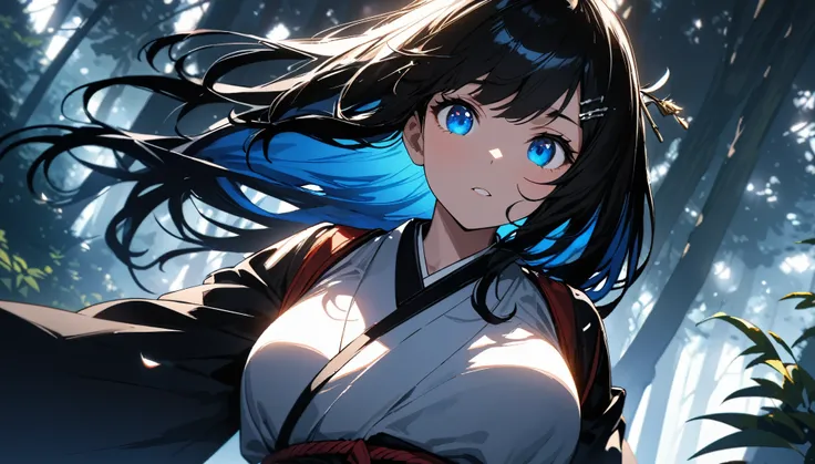 [ 4k digital art ]!!,(highest quality:1.2, Very detailed, High detail, High Contrast, masterpiece:1.2, highest quality, Best aesthetics),(Big Tits:1.1)、[[[One Girl]]]、Beautiful eyes:1.3、(Long Black Hair)、Blue inner color、Neat and cute、Gentle expression、Jap...