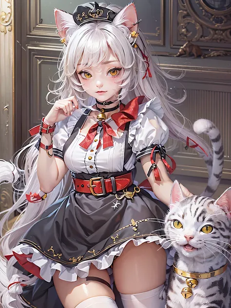 ((highest quality)),(Ultra-high resolution),(Very detailed),(Detailed Description),((The best CG)),(masterpiece),Highly detailed art,Amazing drawing art,(Art with exquisite detail:1.5), (Cat Ear Maid:1.7),(Red belt choker with bell:1.6),(Mini flare skirt:1...