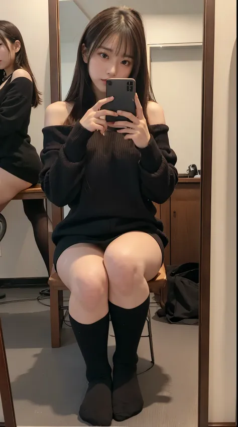 Japanese Beauty、Brown shoulder-length hair、Gal、Selfie、Black knit sweater、Shoulder Bare、Big Breasts、Knee-high socks　squat、Mirror photo、Reflected in the mirror、Thighs、17 years old、Sitting　You can almost see the inside of the skirt　Panty shot