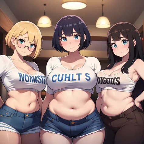 ((highres)), Masterpiece, high quality, best quality, beautiful, perfect lighting, detailed face, ultra cute face, from below, ((blush)), (((3girls))), one girl has blonde hair, blue eyes, crop top and shorts, skindentation, one girl has brown hair, green ...