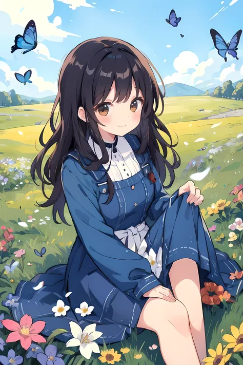 Masterpiece, best quality, Front view, happy stunning woman with curly long dark hair, wearing blue clothes sit in a beautiful field of flowers, colorful flowers everywhere, some blue and orange butterflies, perfect lighting