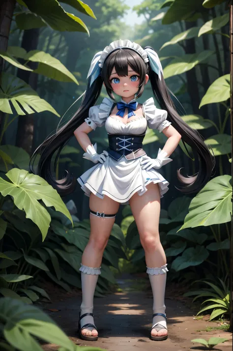 character female in a white dress with long black hair and blue eyes, Hestia, twintails, white gloves, art style anime moe, a sexy maid in a magical forest, short skirt, wide hips, hands on hips,  aqua from konosuba, anime girl in a maid costume, full body...