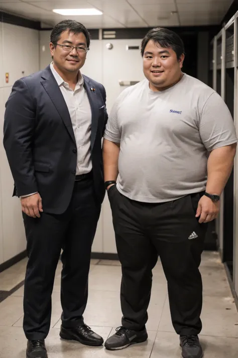 a japanese man in a business grey suit is standing next to guy, a little chubby japanese young guy is standing next to the male:...