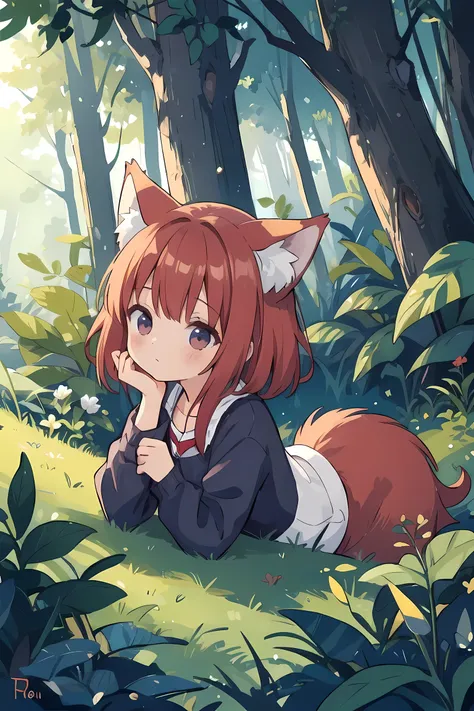 masterpiece, best quality, red-haired wolf girl is more in the forest.