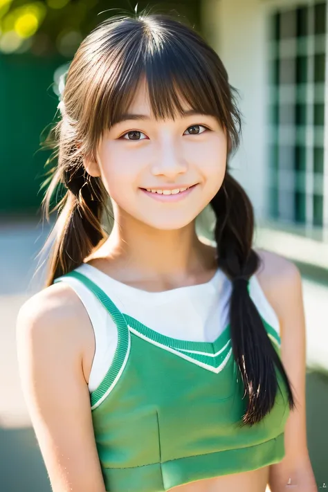 Lens 135mm f1.8, (highest quality),(RAW photo), , (Beautiful 16 year old Japanese girl), cute face, (deeply carved face:0.7), (freckles:0.6), ,dramatic , (japanese school (croptop) light_green tanktop), (inside the school), shy, low twintails, , (smile),, ...