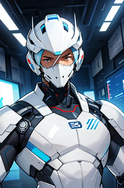 cyborg　future　universe　Science fiction　The background is the galaxy universe　looking at the camera　White and blue armor　Wearing a white helmet　White rubber suit　Plug Suit　Bulge　The face has exposed mechanical parts