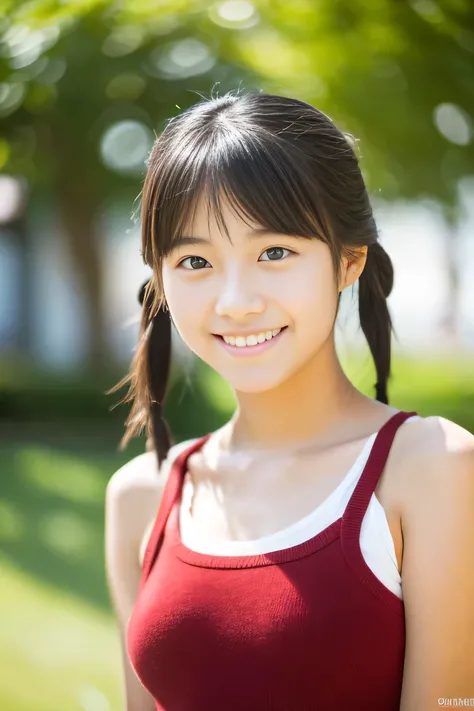 Lens 135mm f1.8, (highest quality),(RAW photo), , (Beautiful 16 year old Japanese girl), cute face, (deeply carved face:0.7), (freckles:0.6), ,dramatic , (japanese school (croptop) light_red tanktop), (inside the school), shy, low twintails, , (smile),, (s...