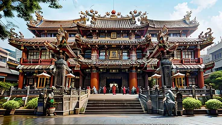 best quality, masterpiece, (((building))), photorealistic, big ornate taiwanese temple paifang, taiwanese_temple