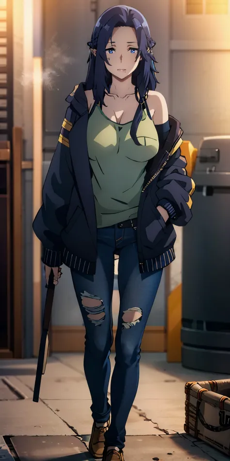 long hair, dark-blue hair, dark-blue eyes, pointy ears, curvy, anatomically correct, heavy breathing, huge breasts, torn_clothes, torn_pants,  torn_jeans, pants, denim, jeans, 1girl,  jacket, blurry, hand in pocket, black_jacket, torn_shirt, solo, torn_leg...