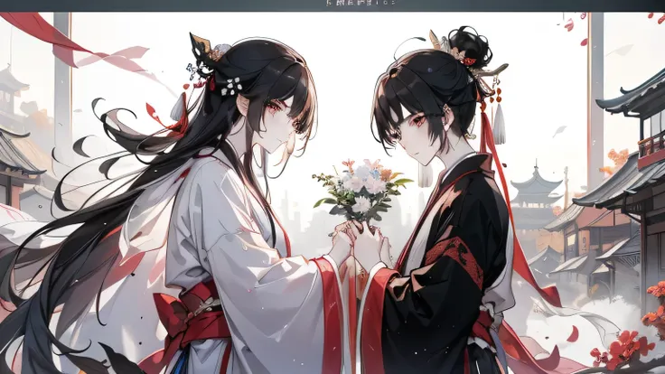 2 people,2 boys,long hair,look at each other affectionately,arms,sword,flower,hanfu,chinese painting,huaniao,ancient town,