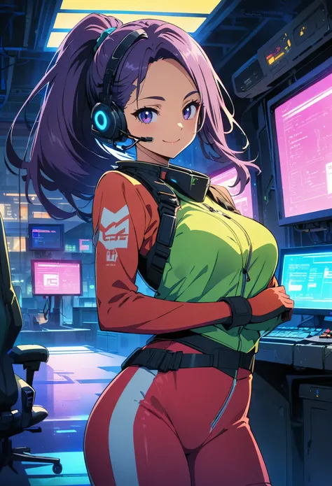 (highest quality:1.2, Very detailed, Anime Style, Digital Painting, Studio Anime, Ultra-high resolution, High Contrast, masterpiece:1.2, highest quality, Best aesthetics), 1 female, Neon City, Operation Roomの椅子に座っているピンク髪の女性, Long Hair, ponytail, Cyberpunk ...