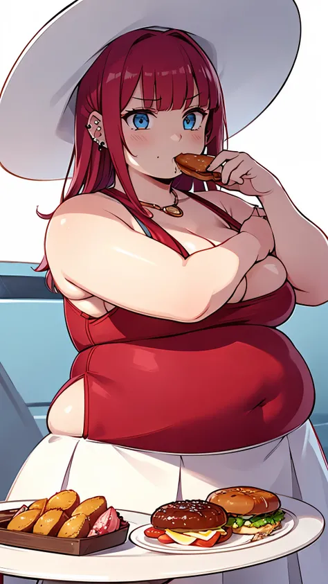 1girl, solo, Lalia from Craving Control, fat girl, long bright Red hair, piercing Blue eyes, big bosom, eating a buffet, simple bright light Blue dress, White Sun hat, long loose hair, no hair pin, cruise