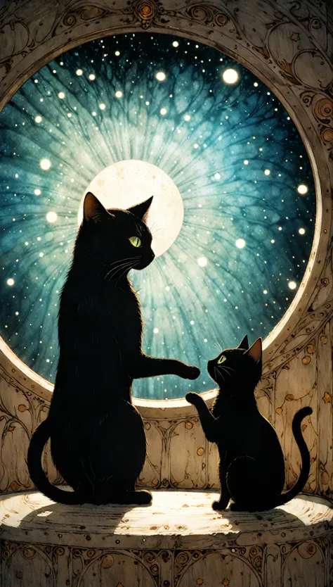 in style of John Bauer,
Chemiluminescence,touch the cat with your hands,1girl,minimalism,(in a symbolic and meaningful style:1.1),(detail ray tracing:1.1),round window,1 black cat,