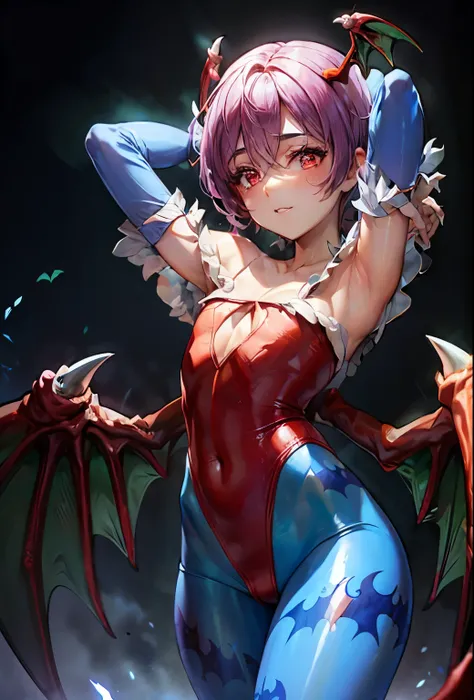 ((Lilith Aensland)) together, bright lilac short hair, olhos vermelhos brilhantes, asas de morcego vermelhas nas costas, red bat wings on head, black swimsuit, Light blue skin-tight pants with silhouette prints of blue bat symbols on light blue skin-tight ...