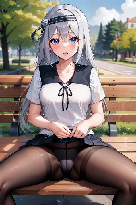 masterpiece,best quality, highres, kei1, 1girl, 18years, solo, blush, blue eyes, view at viewer, long hair, white dress, short sleeves, ribbon, bangs, collarbone, grey hair, whte skirt, spread legs, lifting her skirt, black undies,black hairband, black pan...