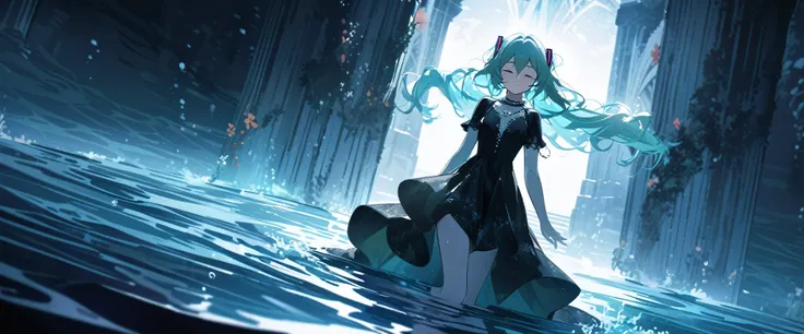 (Dramatic angle, Dynamic angle, wide angle), (best quality,4k,8k,highres,masterpiece:1.2), (Hatsune Miku:1.2), (solo:1.2), (young little girl), (alone), (small breasts), eyes closed, original photo, Atmospheric distance perception, Aesthetic, complex, won,...