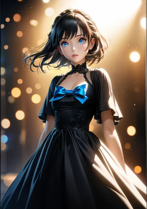 1girl, beautiful detailed eyes, beautiful detailed lips, extremely detailed eyes and face, long eyelashes, anime, anime style, anime girl, girl in a black dress, girl in a dress with a blue bow, girl wearing a black dress, cute anime girl, beautiful anime ...