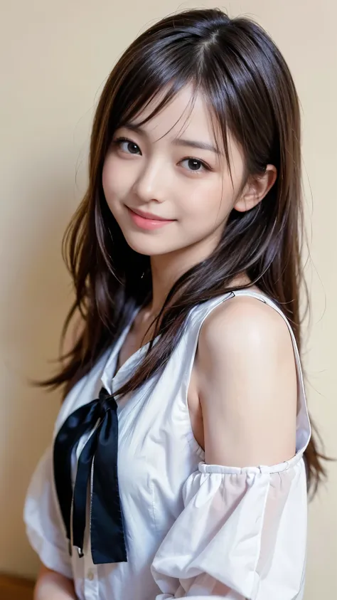 ((highest quality、Masterpiece、High resolution))、(((Zoom photo of upper body)))、(A shy smile:1.2)、One 15-year-old female、Beautiful Skin、Beautiful Eyes、Shoulder shirt、Black Hair、Trimmed bangs、